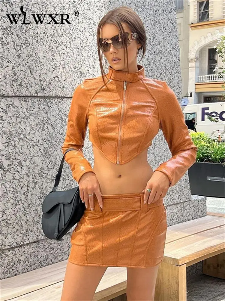 

WLWXR осенние оранжевые обтягивающие Модные женские комплекты из двух предметов с круглым вырезом и длинным рукавом короткий топ на молнии с поясом уличная одежда юбки
