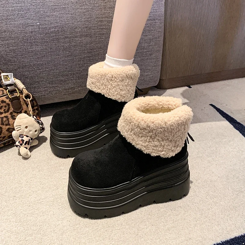 10CM Women Fur Snow Boots Suede High Heels Cotton Shoes Short Plush Casual Platform Ankle 2025 Trend Winter Warm Botas