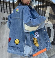 hiphop tide street women oversized chic spring new denim jackets heavy industry embroidered splicing jean outerwear ins female