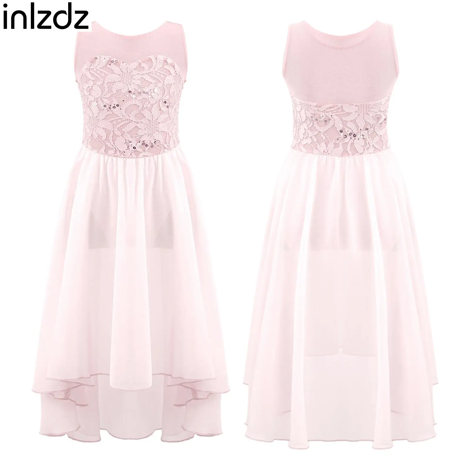 

inIzdz Kids Girls Irregular Hem Sleeveless Patchwork Sequins Decor Lace Dance Dress Round Neck Fashion Mesh Chiffon Dance Wears