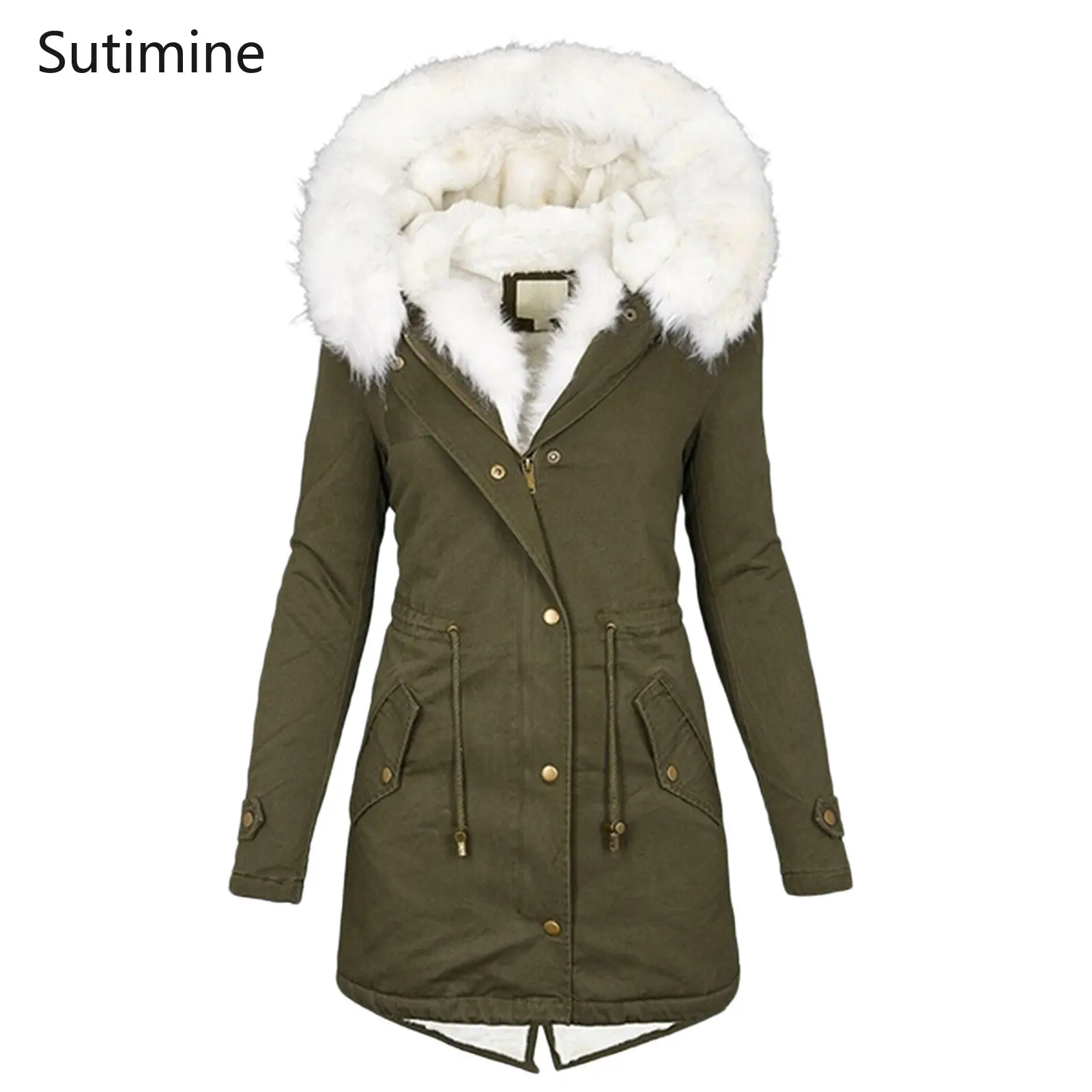 Winter Coat for Women Office Lady Women's Parka Medium Long Windbreaker White Fur Collar Hooded Warm Plush Coat Zipper Coat