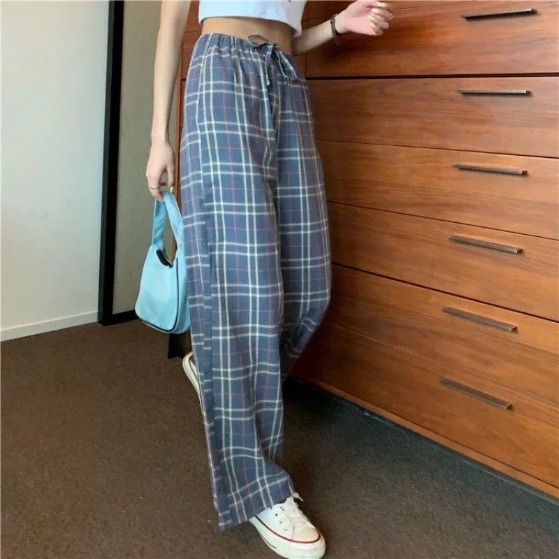 

Women Fall High-waisted Plaid Pants Summer Loose Straight Sweatpants Fashion Ins Women Students New Wide Leg Pants Korean Style