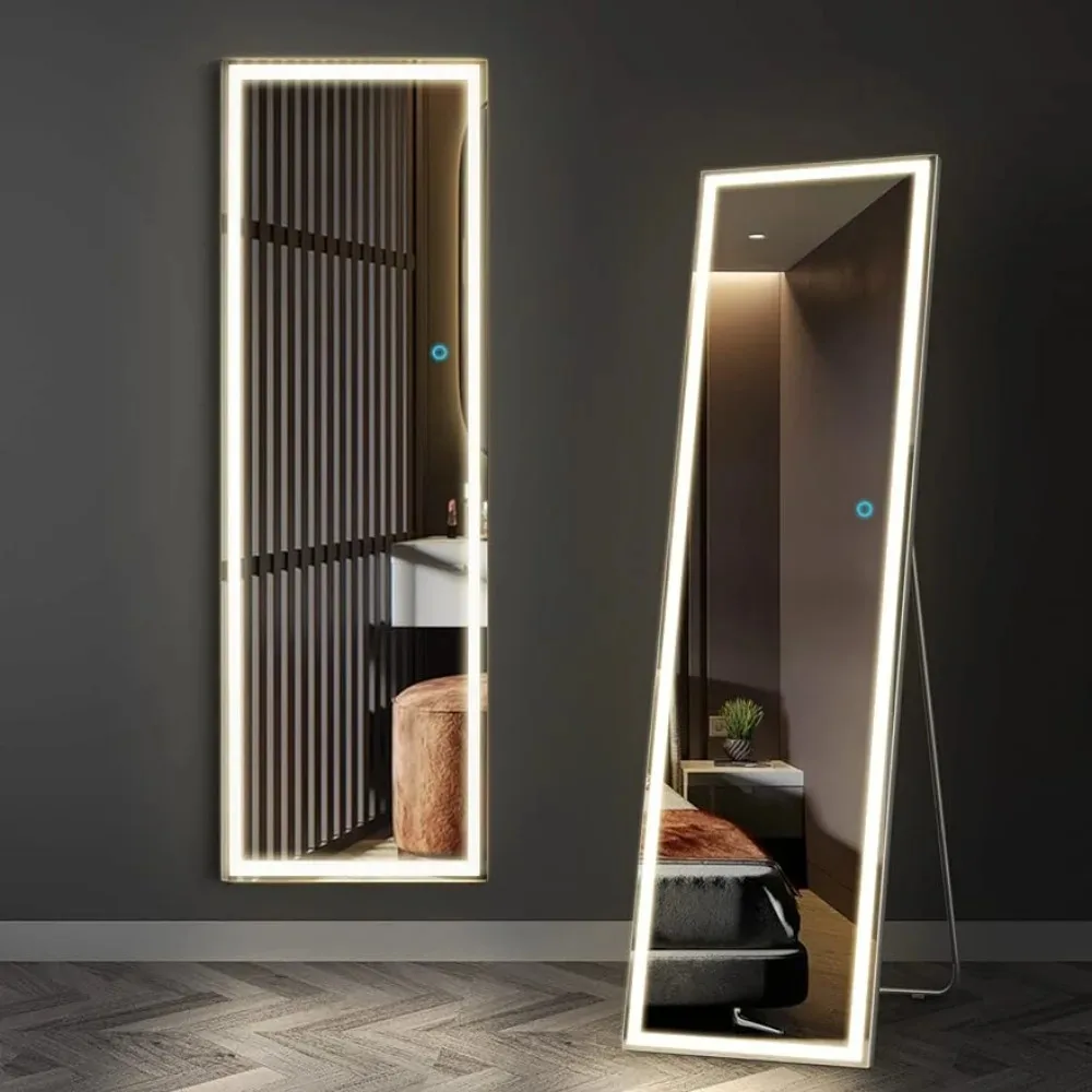 Floor Mirrors with Lights, Wall-mounted Illuminated Mirrors, 3-color Lighting and Dimmable Brightness