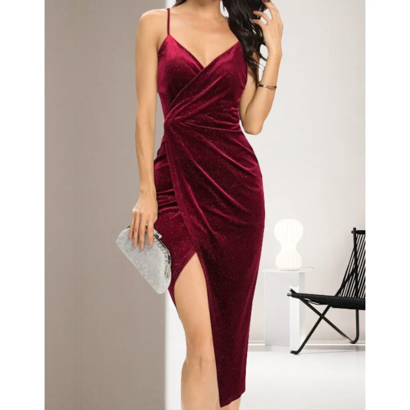 

Новинка Весна 2023 женское платье средней длины на бретельках с разрезом сексуальное вечернее платье для ночного клуба