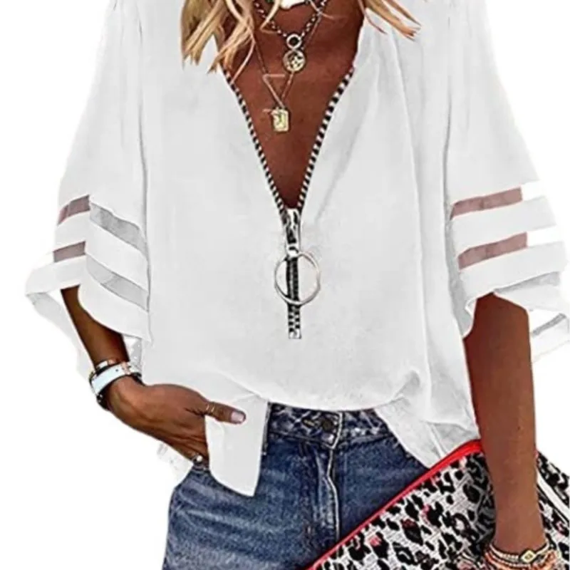 

New V-neck Zippered Shirt Flared Sleeve Mesh Patchwork Loose Casual Blouse Women Summer Top Ropa De Mujer Primavera Verano 2023