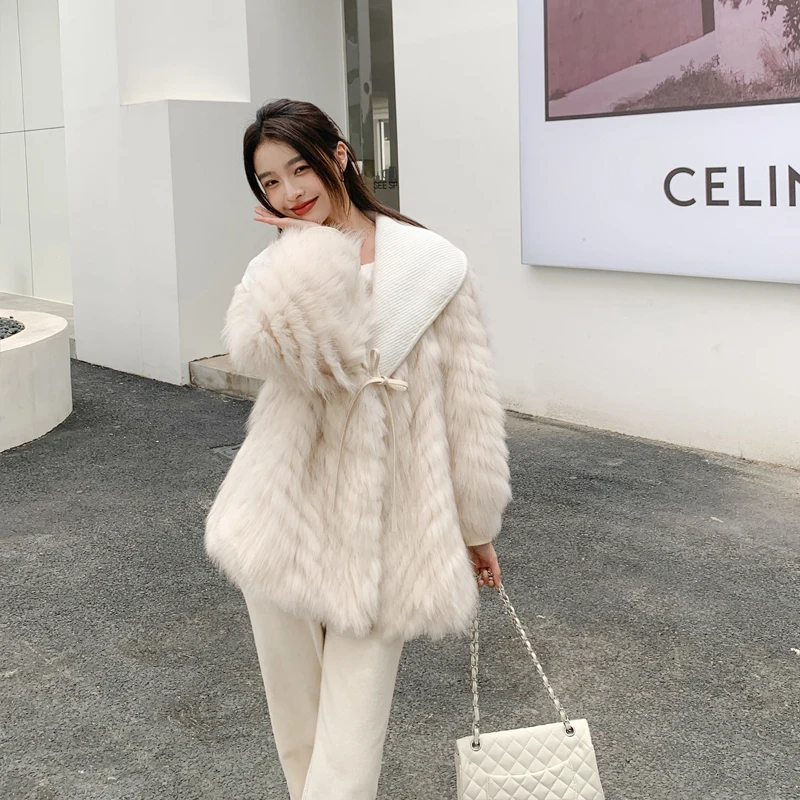 

Korean Style Big Turn Down Collar Warm Fur Coat For Women 2023 New Oversized Real Fox Fur Strip Leather Patchwork Overcoat QU21