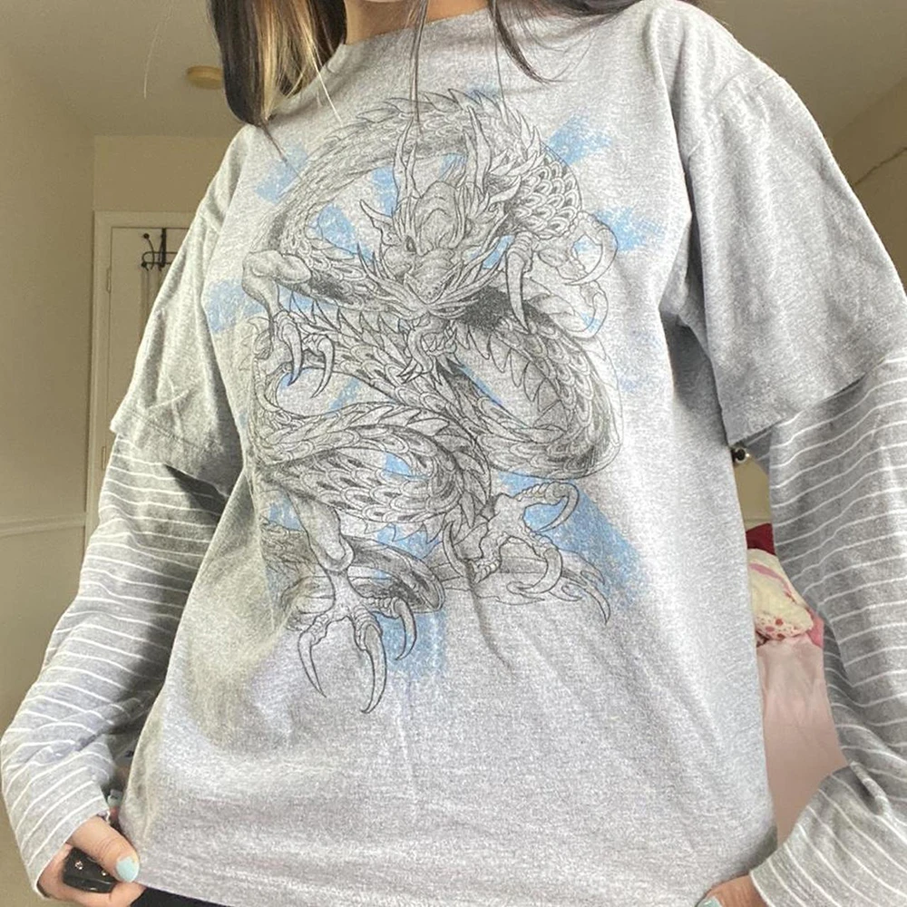 

Vintage Dragon Graphic Print Tops T-shirts Women Patchwork Striped Long Sleeve T Shirt Femme Y2k 90s Fairy Grunge Clothes Autumn
