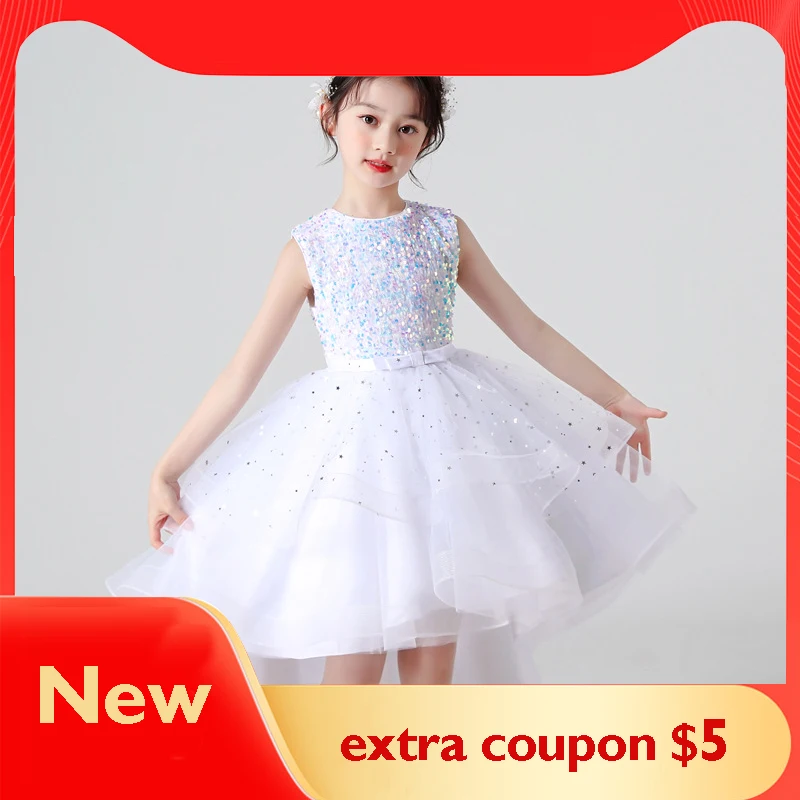 

Teenager Girls Fashion Sleeveless Dress For Bridesmaid Wedding Formal Birthday Party Princess Dress Kids Sequins Tulle Vestidos