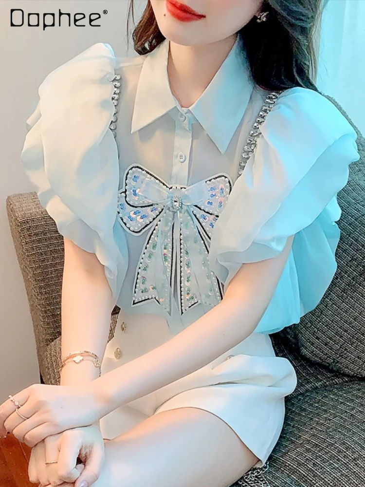 

Elegant Fairy Woman's Bow Diamond Beaded Tops Summer New French Blue Short Sleeve Polo Collar Blouses for Women Fashion 2022