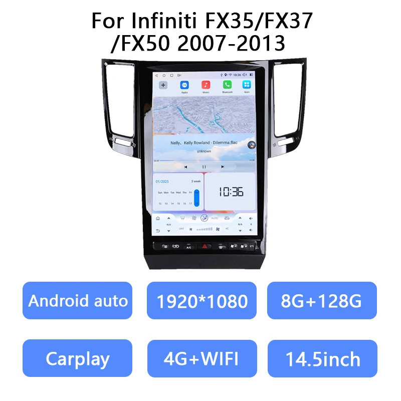

14,5-дюймовый Android14 для Infiniti FX35/FX37/FX50 2007-2013, автомобильное радио, GPS-навигация QCOM 6125, 8-ядерный 8 + 256G 1920*1080, carplay