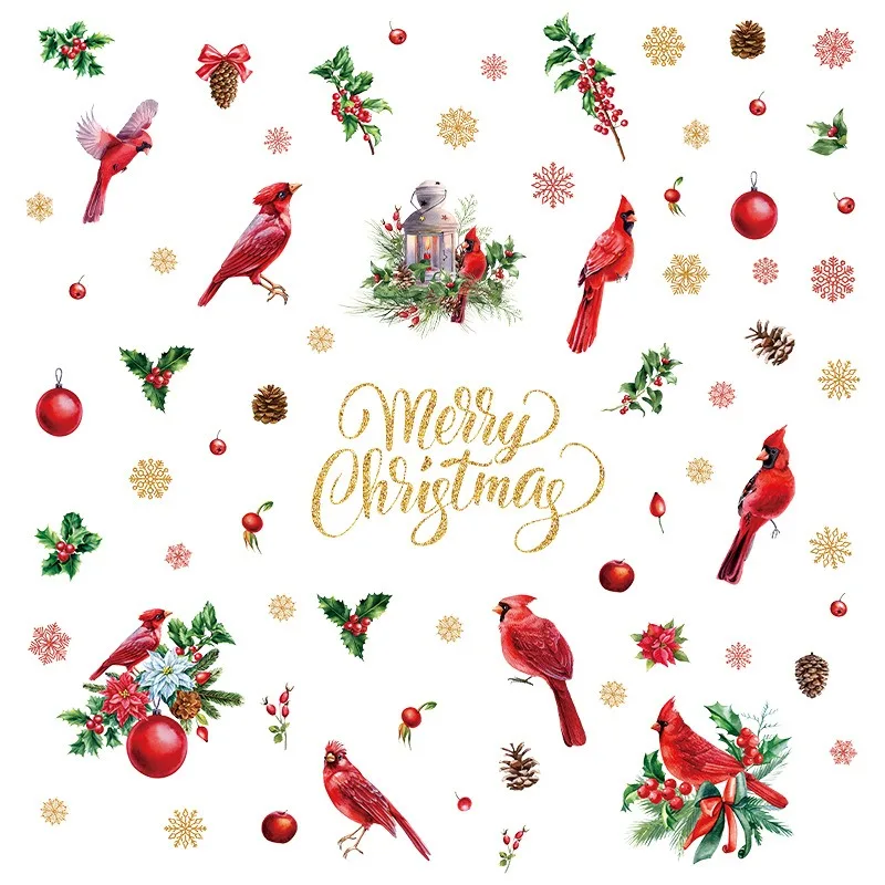 Рождественские наклейки на стену красные фрукты птицы окна праздничные