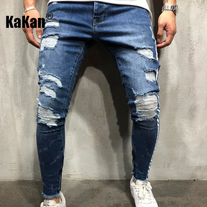 Kakan - Europe and America's New Worn-out Torn Jeans for Men, High Street Slim Fit Zippered Long Jeans K49-2015