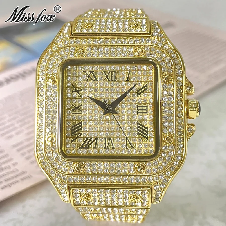 

MISSFOX Hip Hop Gold Watches Men Luxury Iced Out Fashion Quartz WristWatch Square Waterproof Clock Stainless Steel Free Shipping
