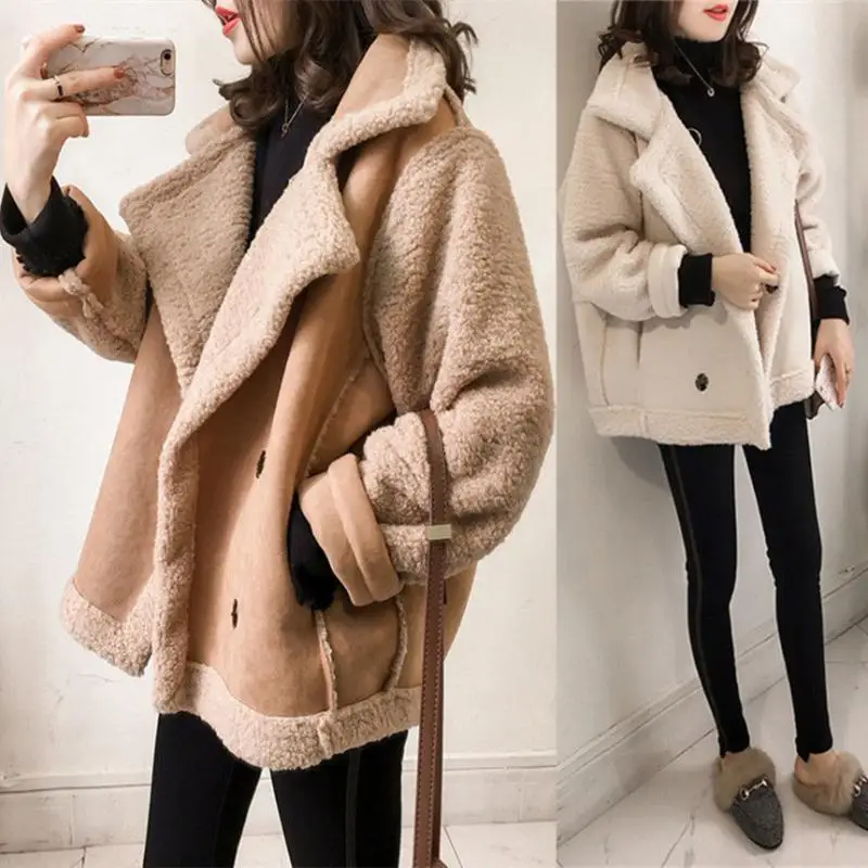 2021 women's autumn winter lamb wool sheepskin coat fur one-piece thickened Jacket Women's casual warm coat oversized s ~ 4XL