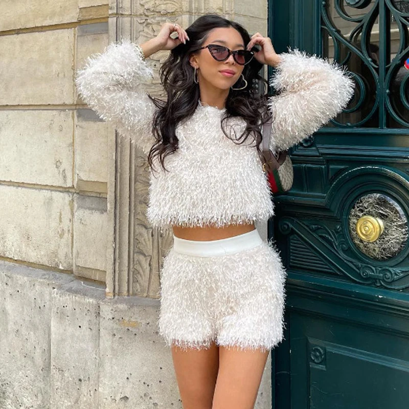 

Fashion Plush Clothing Set for Women 2 Pieces Long Sleeve Jacket Crop Top + Shorts Set 2022 Autumn Tracksuit Casual Suits
