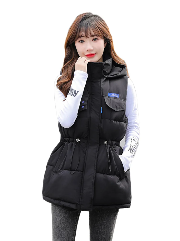 

Vest Women Black Loose Stand Collar Drawstring Slim Waistcoat 22 Autumn Winter New Fashion Korean Sleeveless Hooded Cotton Coat
