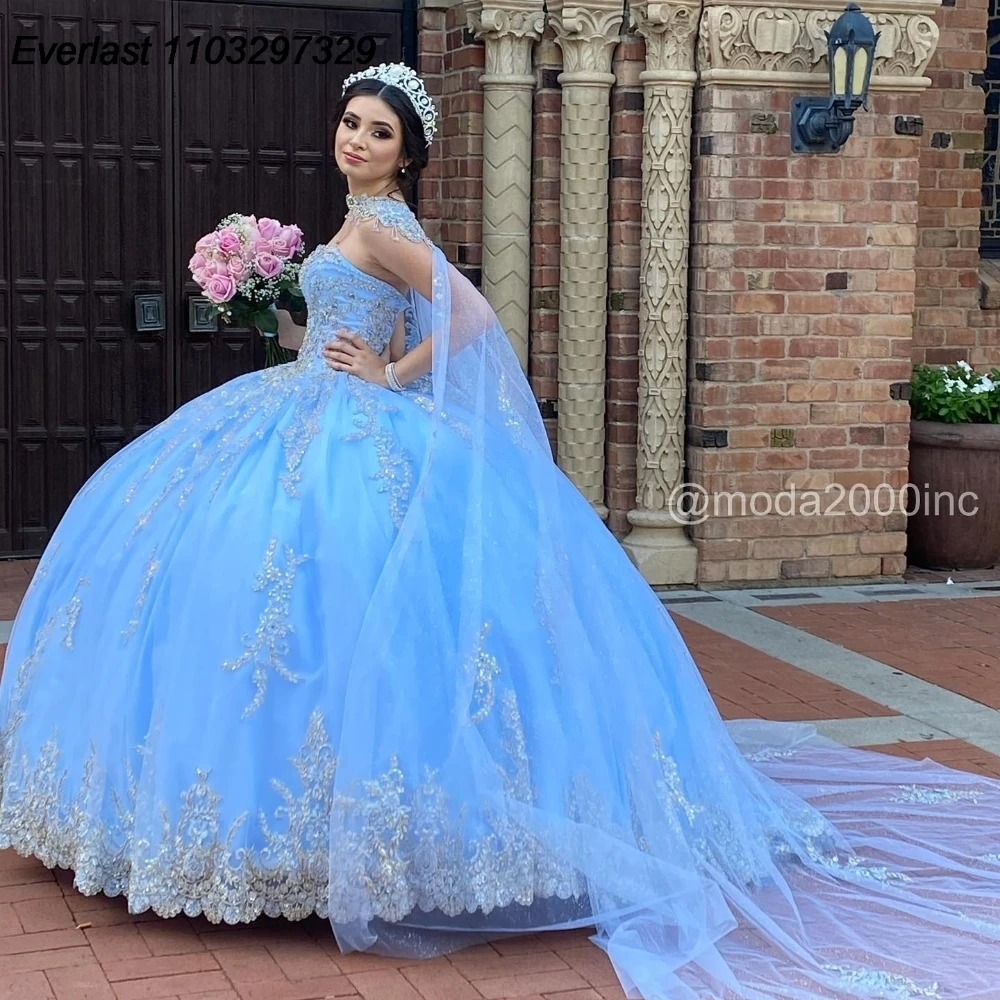 EVLAST мексиканское синее платье Quinceanera бальное блестящая Кружевная аппликация