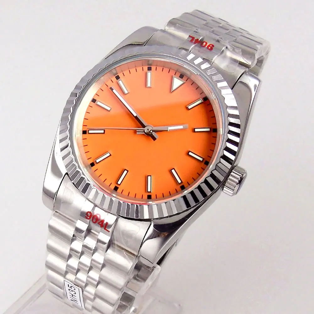 

36mm Automatic Mens Watch NH35 Miyota 8215 Movement Sapphire Glass Fluted Bezel 316L Jubilee Bracelet Orange