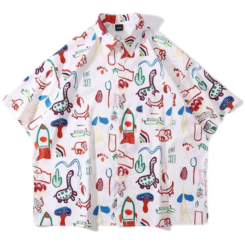 Summer White Fun Cartoon Doodle Painting Print Men's Shirt  American Retro Loose Lapel Fashion Shirts for Men Short Sleeve Shirt