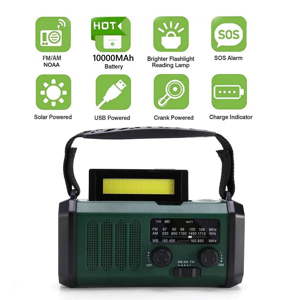 

Аварийное радио на 10000 мА · ч с питанием от солнечной батареи и ручным заводом, зарядное устройство для телефона с функцией SOS, AM/FM/NOAA, карманное устройство с фонариком для погоды, радио