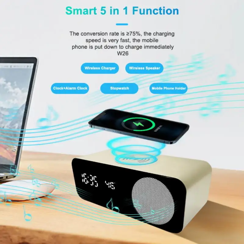 

W26 Super Bass Function Thermometer Stereo Subwoofer Speaker Alarm Clock Fm Radio Wireless Charger For Bedroom Column Portable