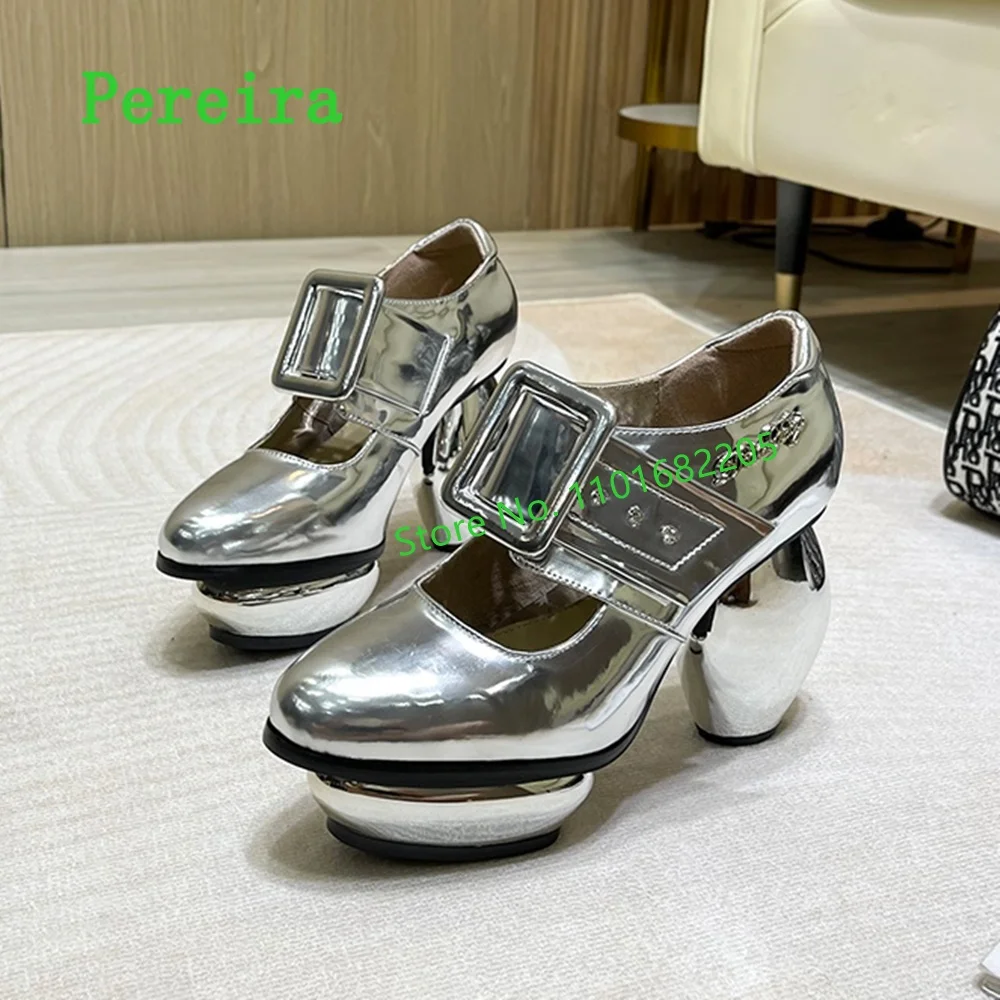 Gold Strange Heel Pumps Women's New Arrival Solid Platform Round Toe Patent Leather Fashion Elegant Shoes For Free Shipping