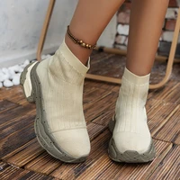 2022 new womens platform shoes ankle sock boots thick bottom solid color slip on ladies knitted female shoe casual botas mujer