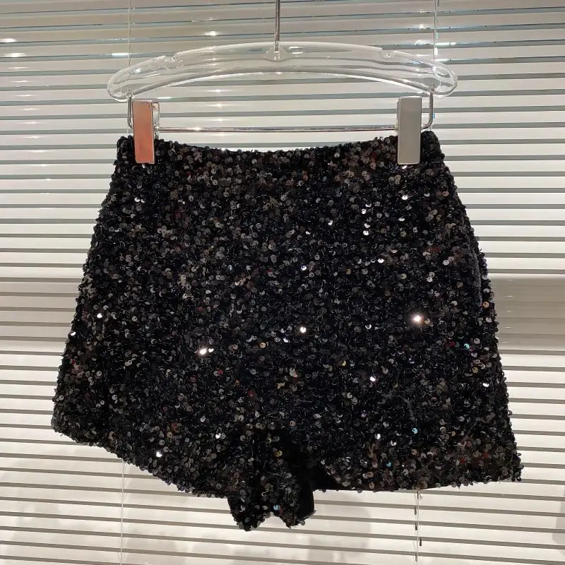 Female Straight Hot Pants 2023 Spring Summer New Women's Full Sequined Shiny Heavy Work Zipper Nightclub Socialite Short Shorts
