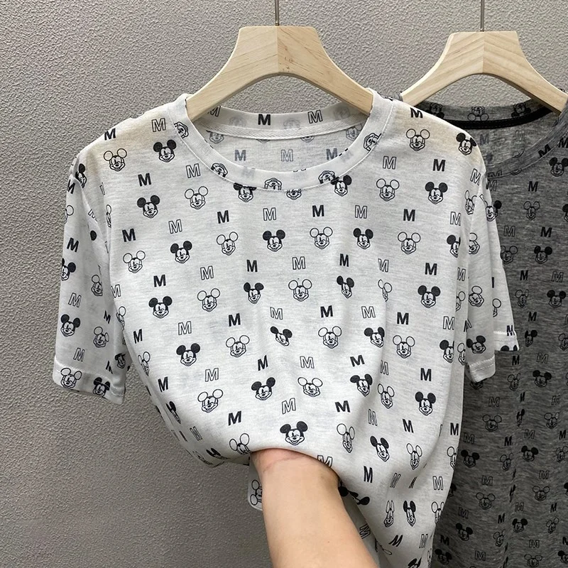 

Женская футболка с коротким рукавом, круглым вырезом и принтом Микки-Мауса