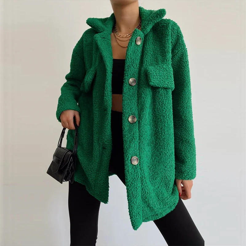 Lamb Wool Winter Women Fur Coat Warm Trendy Furry Female Coat Jacket Pocket Turn Down Collar Faux Fur Coat Casual Street Outwear