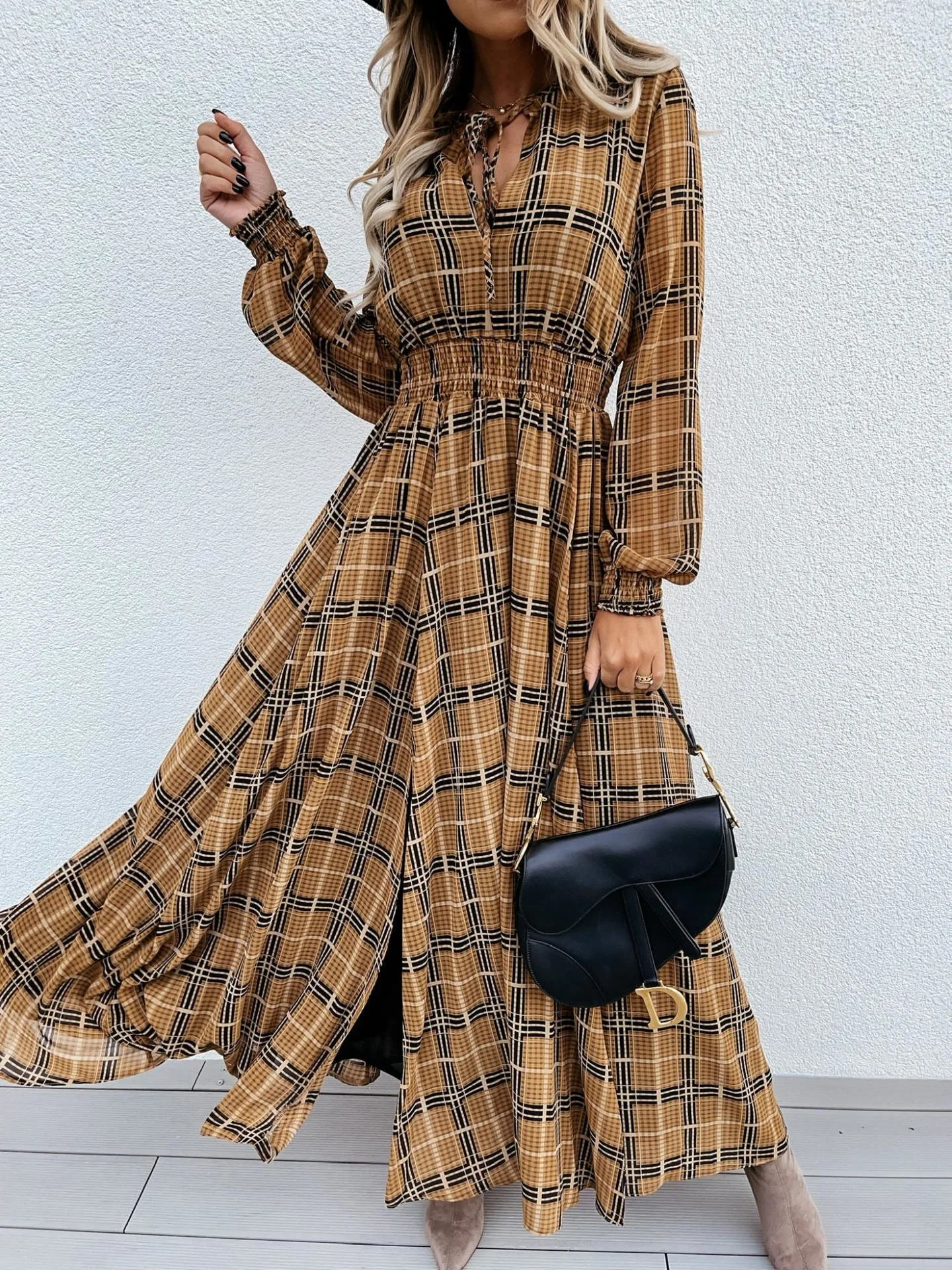 

Autumn And Winter New Style Printed Long Sleeve Waist Closing Split Long-sleeved Dress Lady Elegant Shirt Casual Fall Dresses