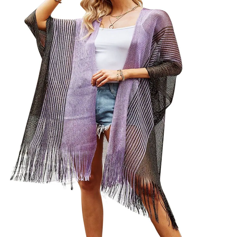 

Swimsuit Coverup for Women Summer Open Front Cardigan Kimono Vintage Print Beach Coverup with Spherical Tassel Hem