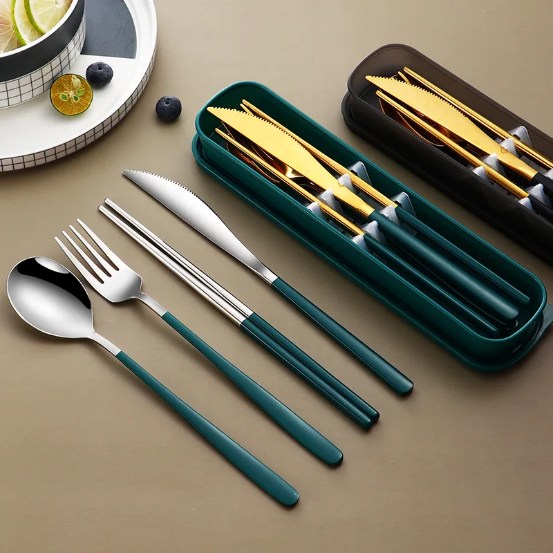 

4pcs Set Portable Cutlery With Case Tableware Set Camping Dinnerware Set Stainless Steel Knife Fork Spoon Kit Camping