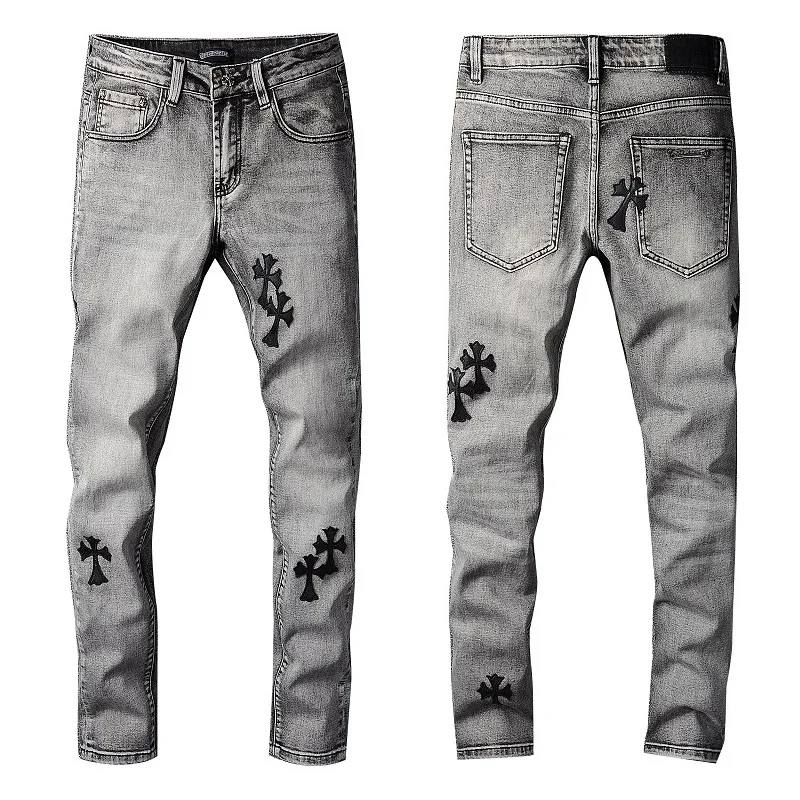 2022 New High Street Slim Jeans For Men Leather Cross Printing Retro Washed Frayed Jeans Grey Whit