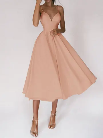 Женское платье средней длины на бретелях-спагетти, однотонное Привлекательное элегантное платье с V-образным вырезом и открытой спиной для выпускного вечера, 2024
