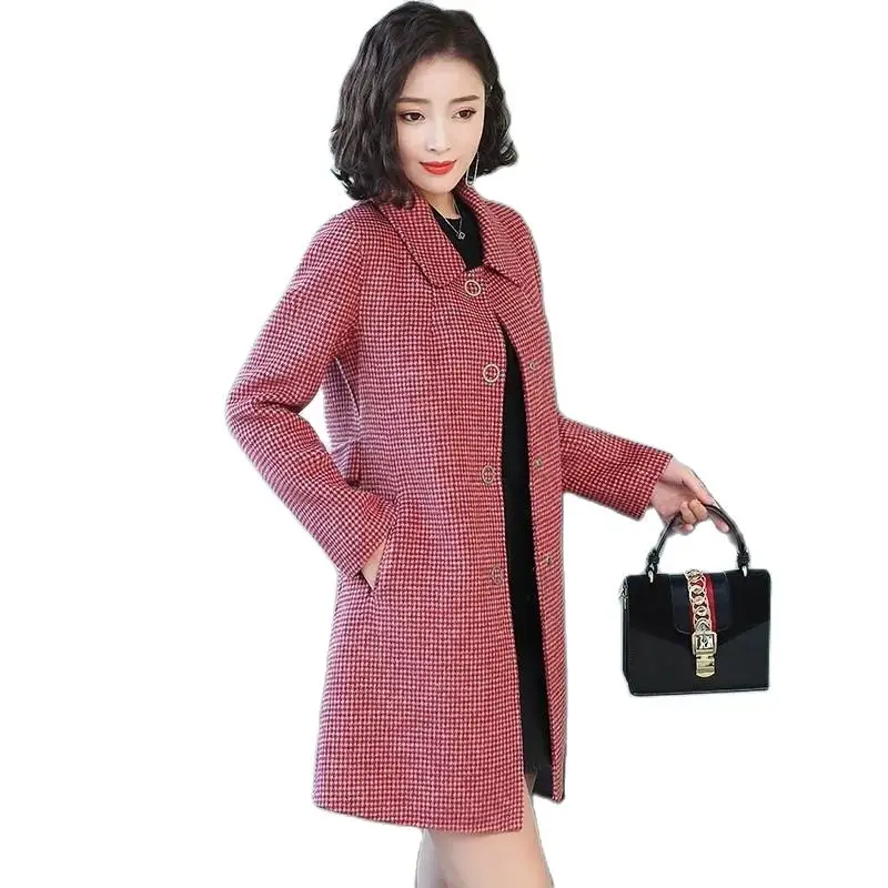 

Temperament Plaid Woolen Jacket Woman Spring Autumn 2022 New Korean Version Medium Long Slim Woolen Windbreakers Coat