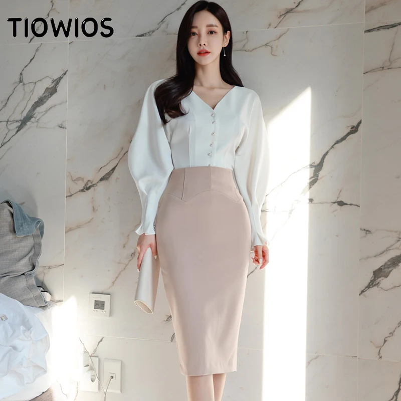 

TIOWIOS 2022 New Two-piece Spring Suit Korean Style Slim Top Fashion Professional Hip Skirt Suit Women
