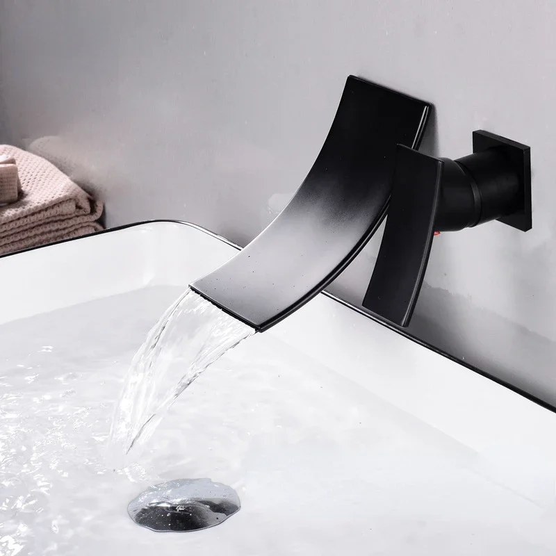 

All Copper Black Concealed Wall Waterfall Basin Faucet Bathroom Hot and Cold Washbasin Double Hole Inter-Platform Basin Faucet
