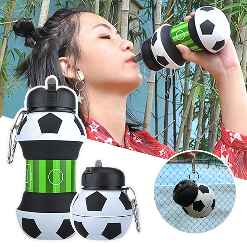 

550ml Foldable Football Kids Water Bottles Portable Sports Water Bottle Football Soccer Ball Shaped Water Bottl Silicone Cup