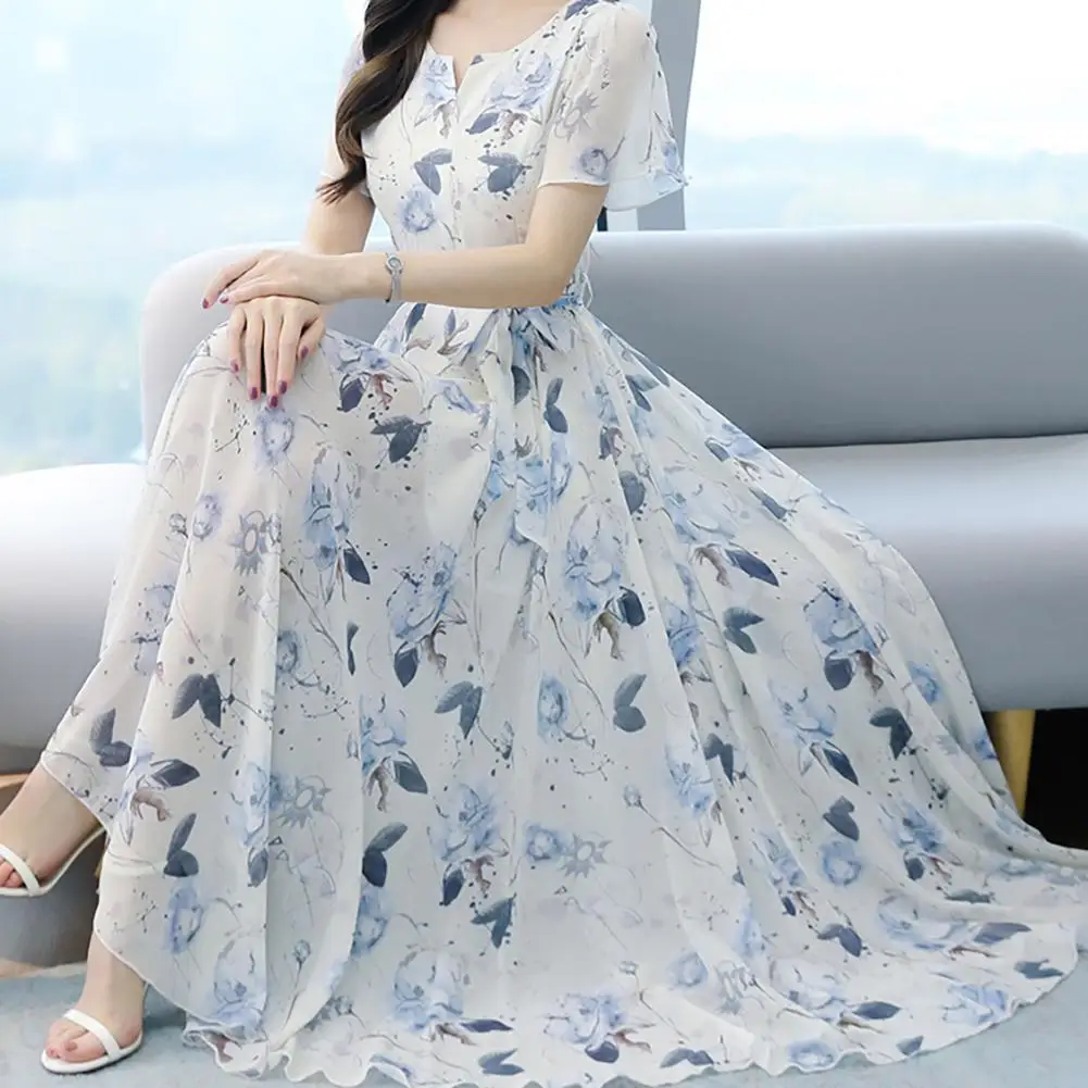 

2022 New Women Summer Dress Stylish Round Neck Pullover Skirt Fresh Floral Printing Petal Short Sleeve Dress
