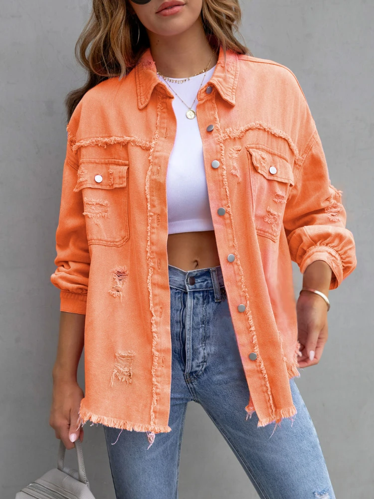 

2023 New Denim Jacket with Rough Edges and Holes for Women Spring and Autumn Temperament Casual Lapel Jacket Denim Jacket Women