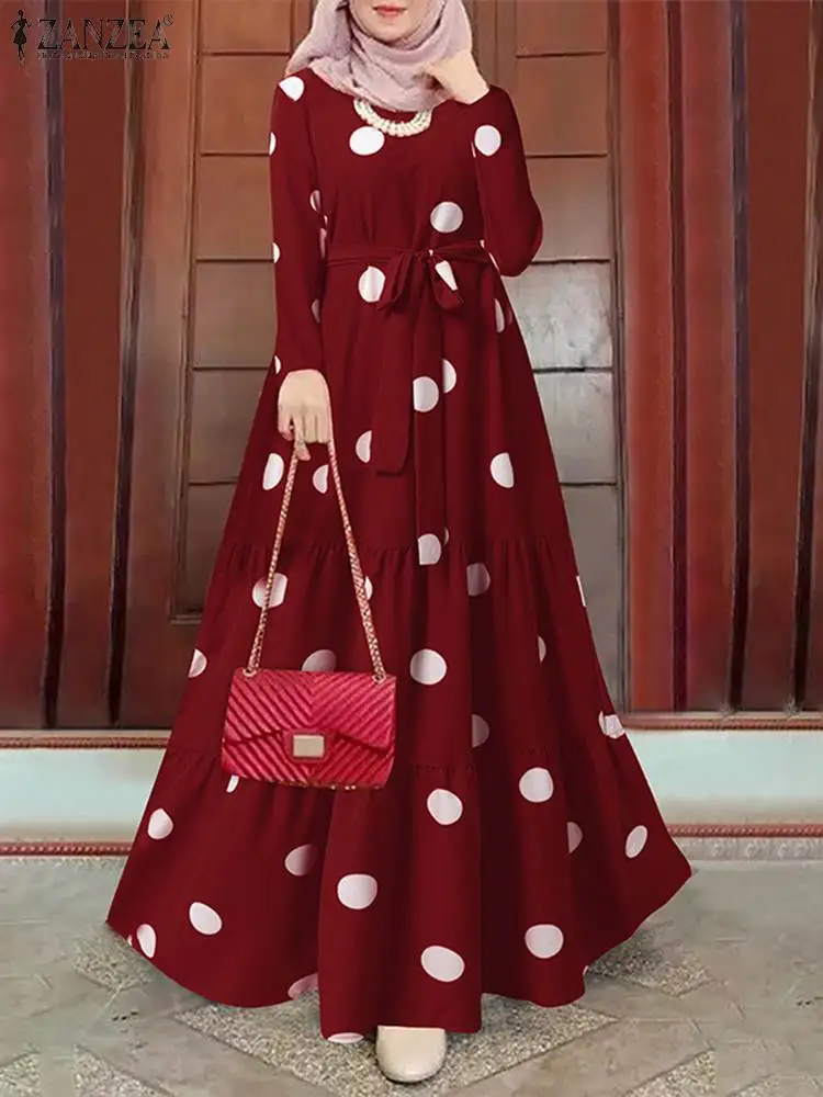 Женское элегантное платье-макси в мусульманском стиле ZANZEA, Осеннее праздничное платье в горошек, кафтан с оборками, модное офисное платье с ...