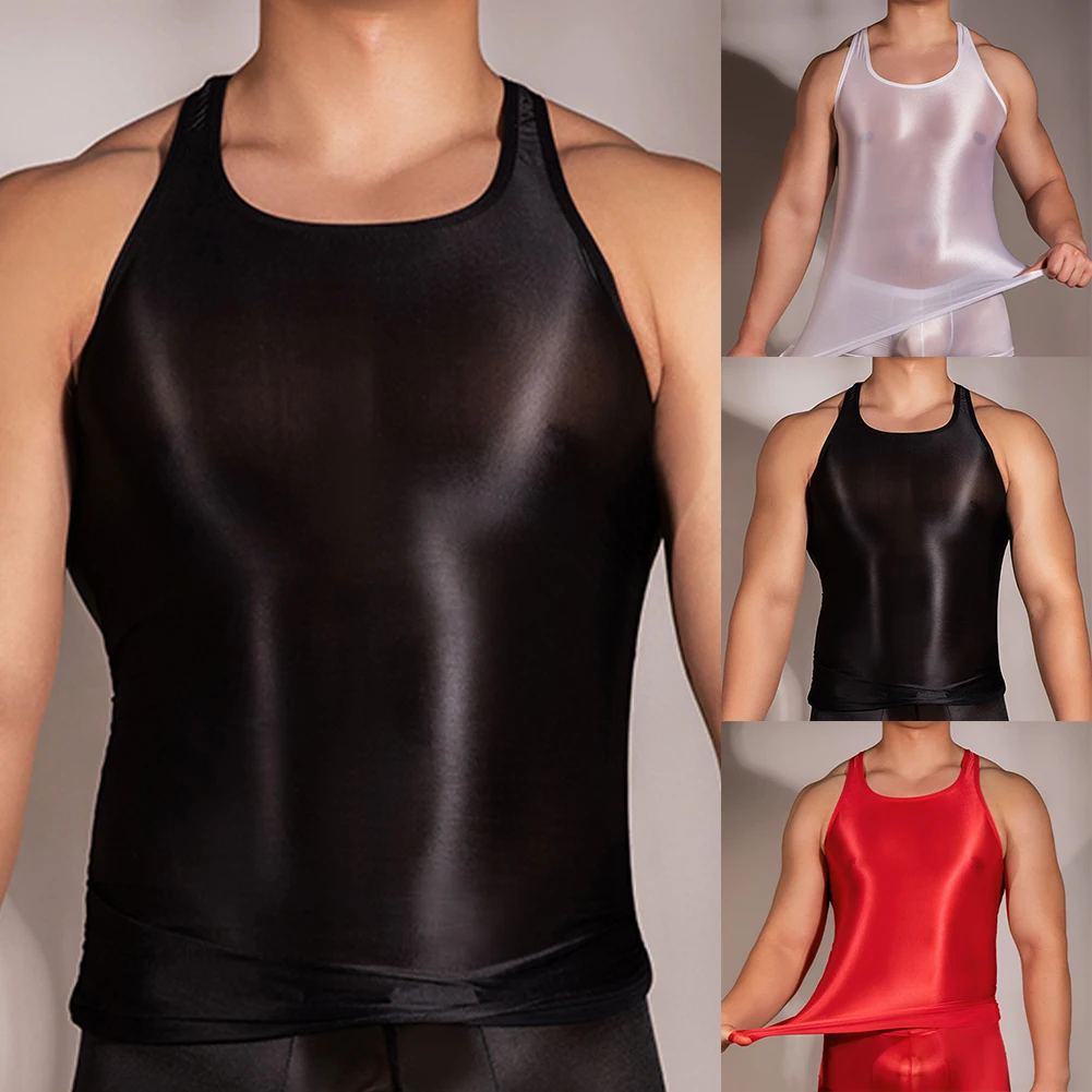 

Mens Oil Glossy Tank Tops Sexy Muscle Vest Male Smooth Sleeveless Undershirts Gym See-Through Yoga Tee Shirts Elastic Singlets