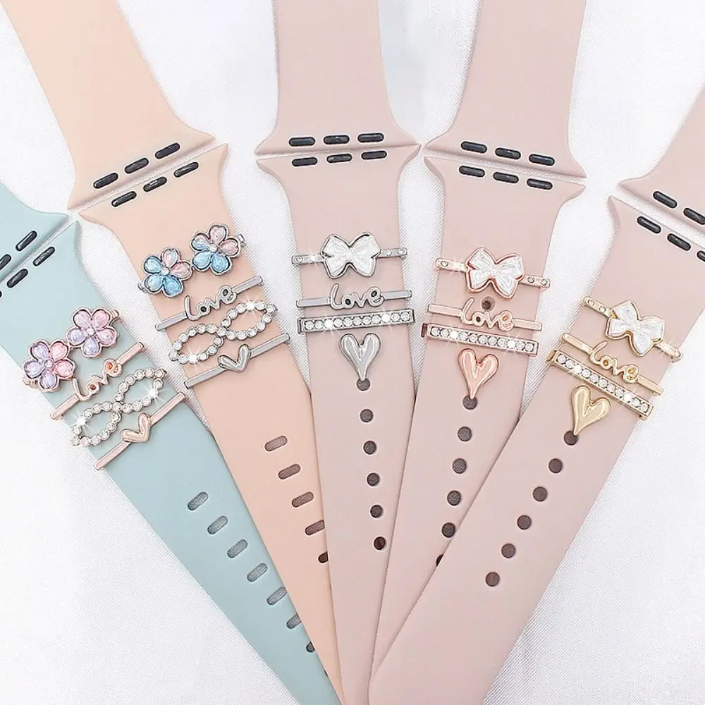 

4PCS Diamond Flower Decorative Ring for Apple Watch Band Decoration Heart Crystal Metal Charms For Iwatch Strap Accessories