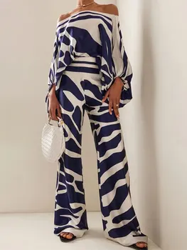 Women Casual Satin Print Suit Fashion Hollow Off Shoulder Tops With Long Pants 2 Piece Sets 2023 Spring Loose Commuting Outfits 1