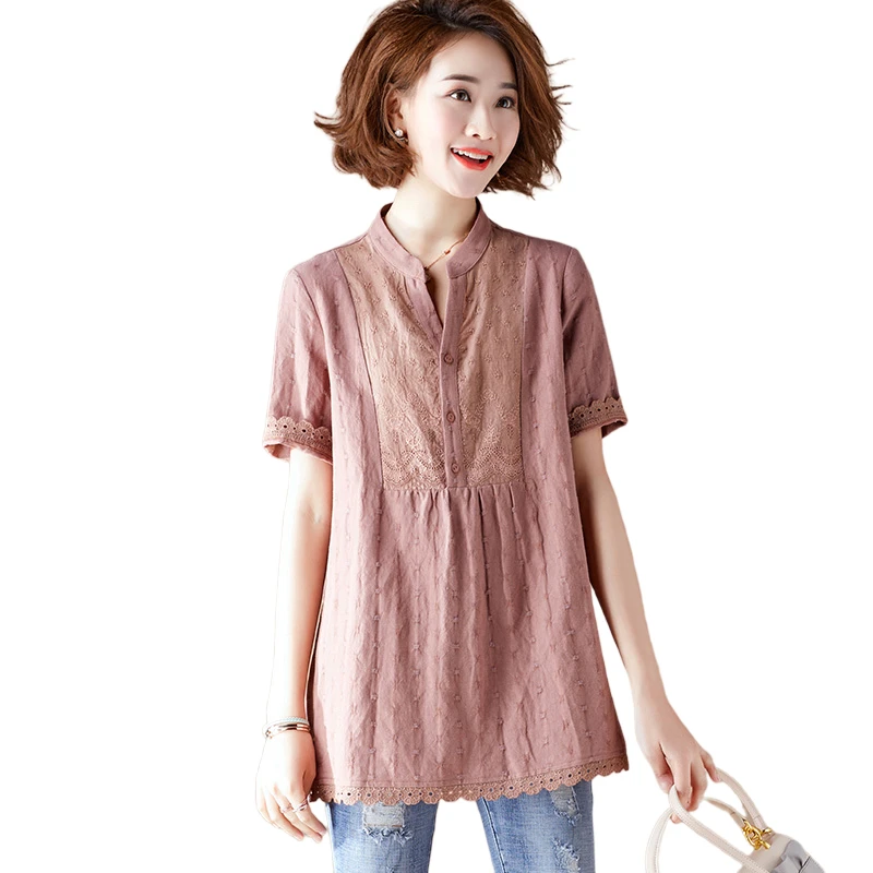 

Solid Embroidery Women Blouse 2022 V-Neck Short-Sleeved Loose A-Line Lady Elegant Lace Patchwork Female Pulls Tops