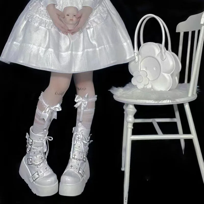 Women Ankle Boots Punk Chunky High Heel Wedge Platform Metal Rivet Decoration Female Pumps Gothic Harajuku Belt Buckle Lady Shoe