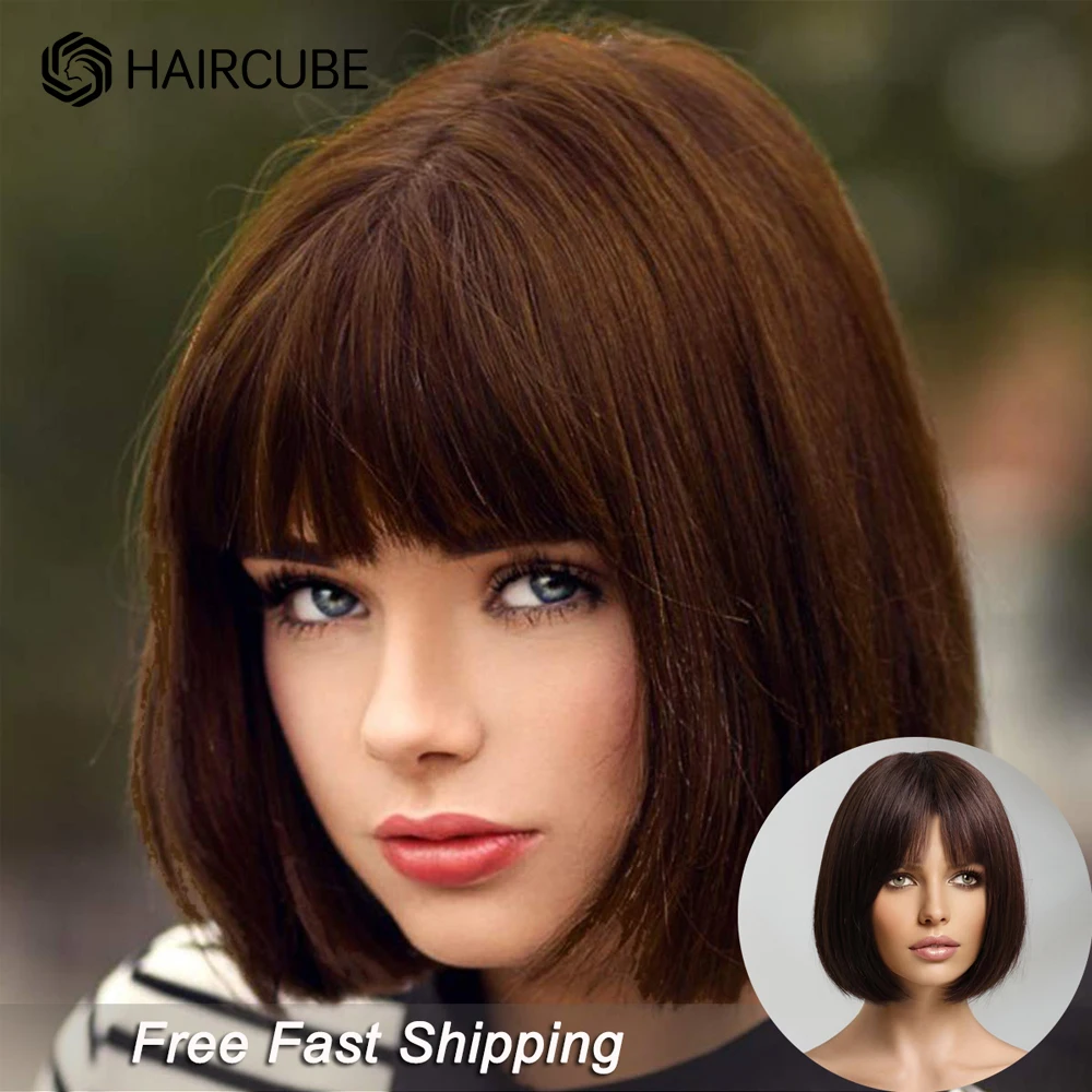 HAIRCUBE Dark Brown Bob Human Hair Wigs with Bangs Short Straight Bob Wig for Women Natural Human Hair Wigs