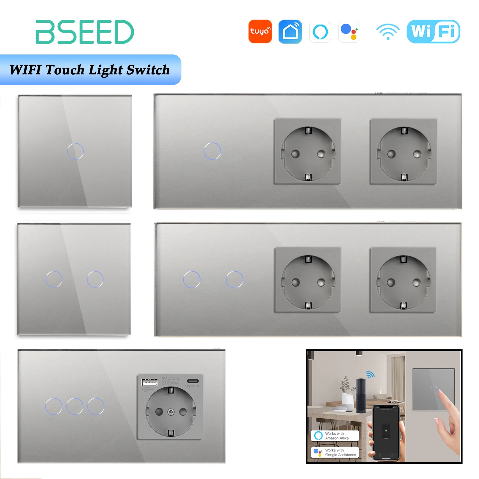 Фото Умные настенные выключатели BSEED Wi-Fi, 1/2/3-клавишные, 1/2/3/4-позиционные, сенсорные, с обычной розеткой, поддержка Tuya Smart Life №1