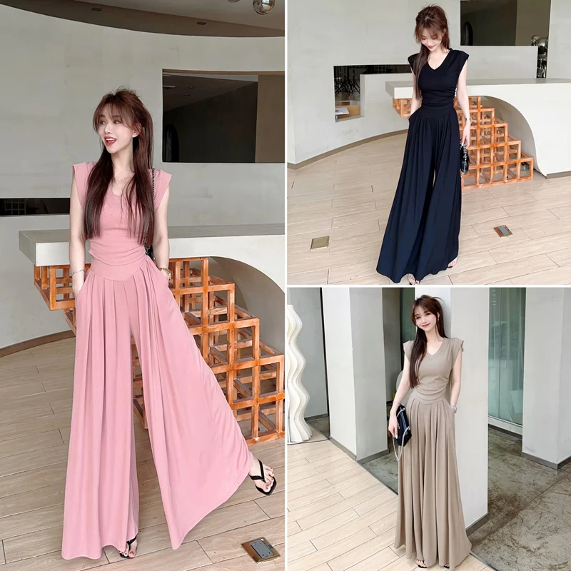 Women's Waist Waist Blouse with Wide Leg Pants 2023 Women's Casual Pants Loose Mopping Culottes Summer Two-piece Set